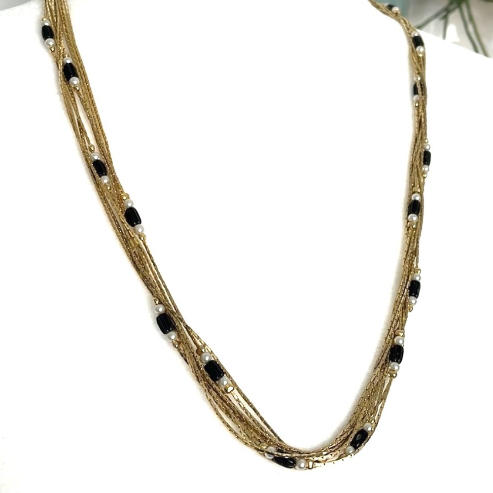 Vintage Multi Strand Gold Tone Pearls and Black Beads